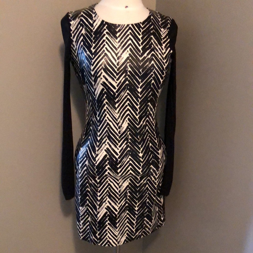 Mink Pink Black and White Dress with Sheer Long Sleeves Size Small